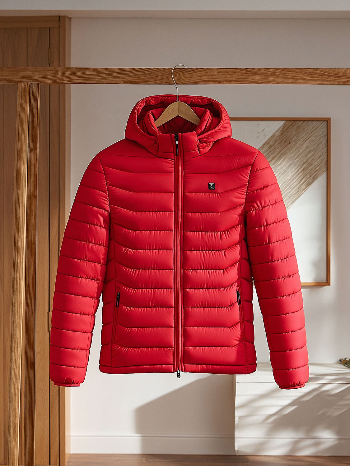 red heated down jacket for women and men