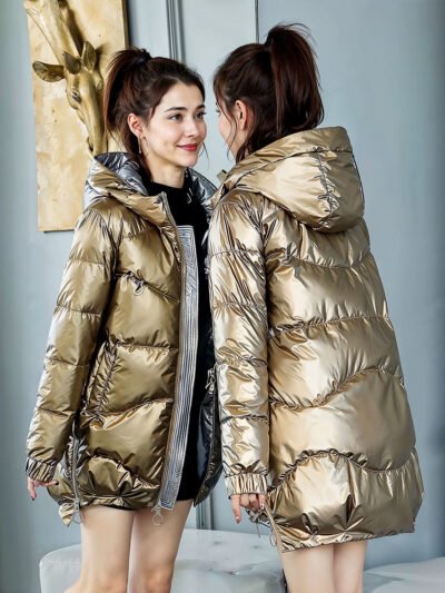 shiny women's down jacket with hood