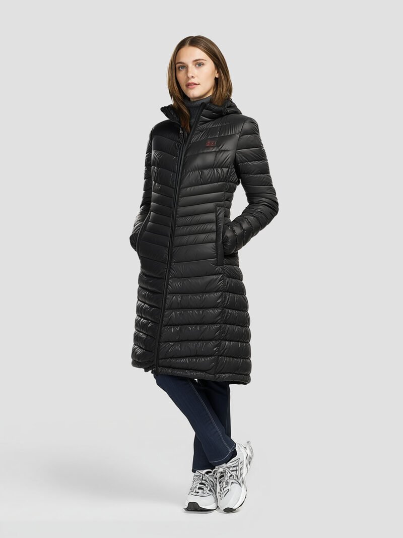 women's long heated down jacket