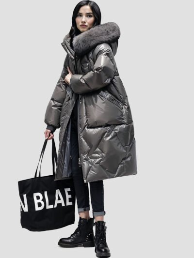 women's mid-length down jacket with fur hood