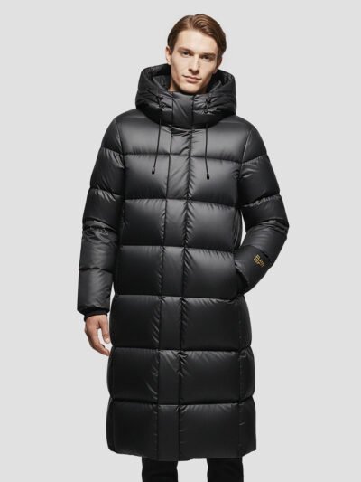 black shiny long down jacket