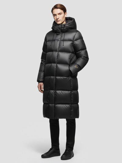 black shiny long down jacket