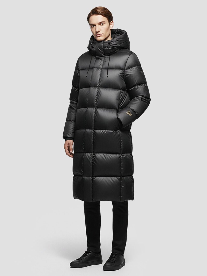 black shiny long down jacket