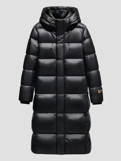 black shiny long down jacket