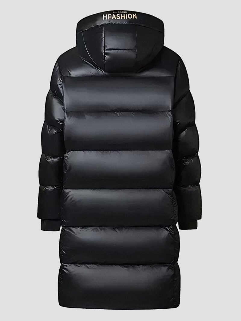 black shiny long down jacket