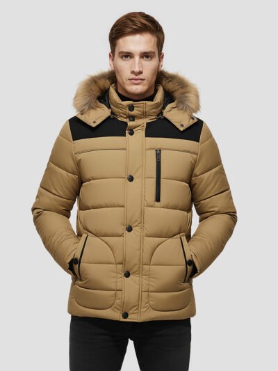 men's brown fur down jacket
