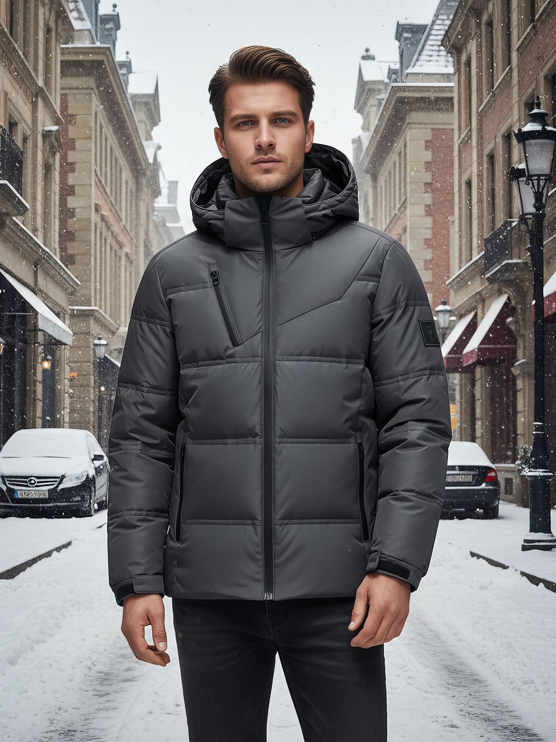 AERODOWN – Doudoune chaude homme duvet 6 Veste doudoune homme noire imperméable adaptée pour l'hiver en ville, avec capuche et poches zippées, idéale pour rester au chaud dans le froid.