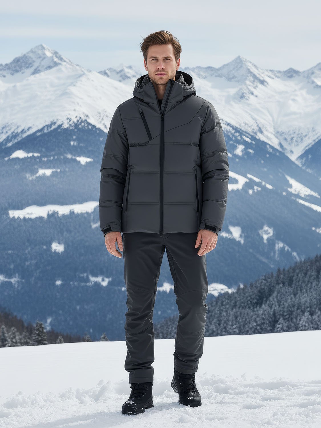 AERODOWN – Doudoune chaude homme duvet 5 Veste doudoune homme imperméable et isolante, idéale pour l'hiver en montagne, avec capuche ajustable et poches zippées, adaptée aux activités outdoor par temps froid.