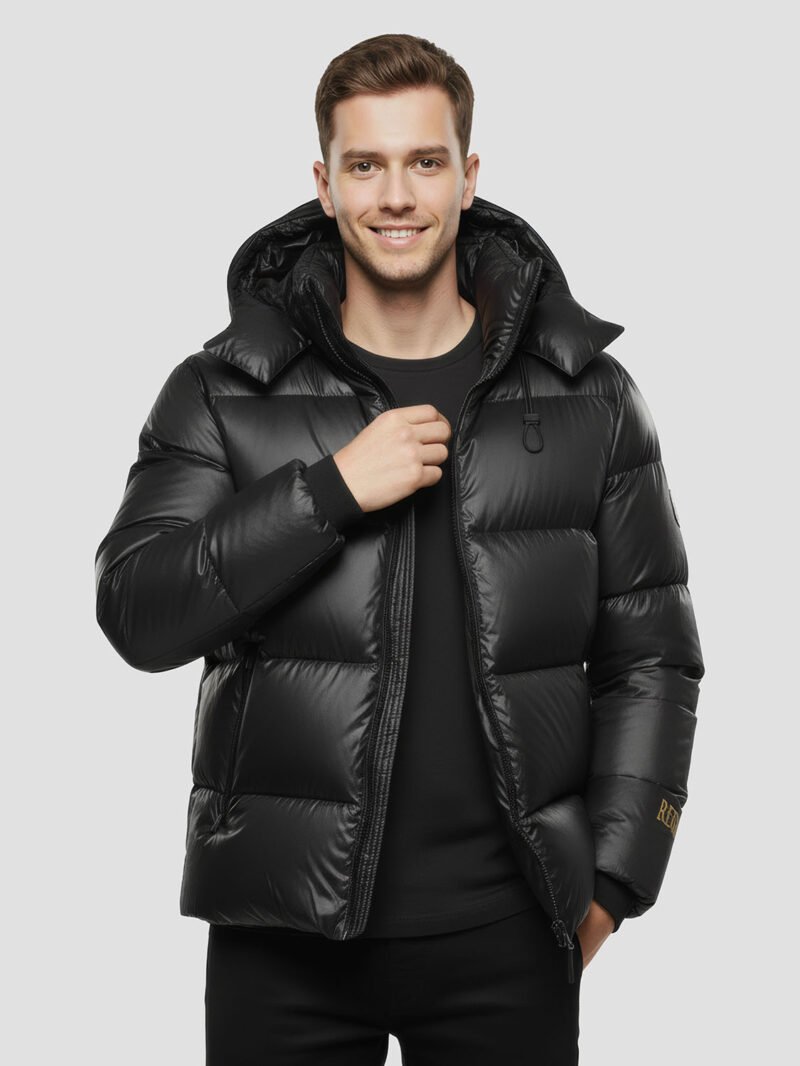 Mens-Black-Duck-Down-Jacket Veste doudoune noire homme, chaleur et style moderne, idéale pour l’hiver, avec capuche respirante, légère et résistante, parfait pour les activités extérieures.
