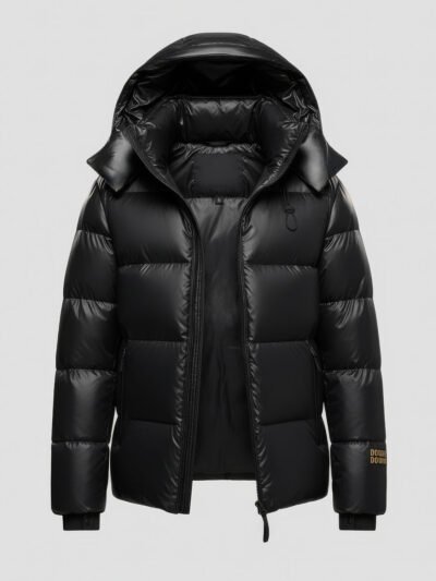 Doudoune noire imperméable, chaudement rembourrée, avec capuche amovible et fermeture éclair résistante, idéale pour l'hiver et les températures froides.