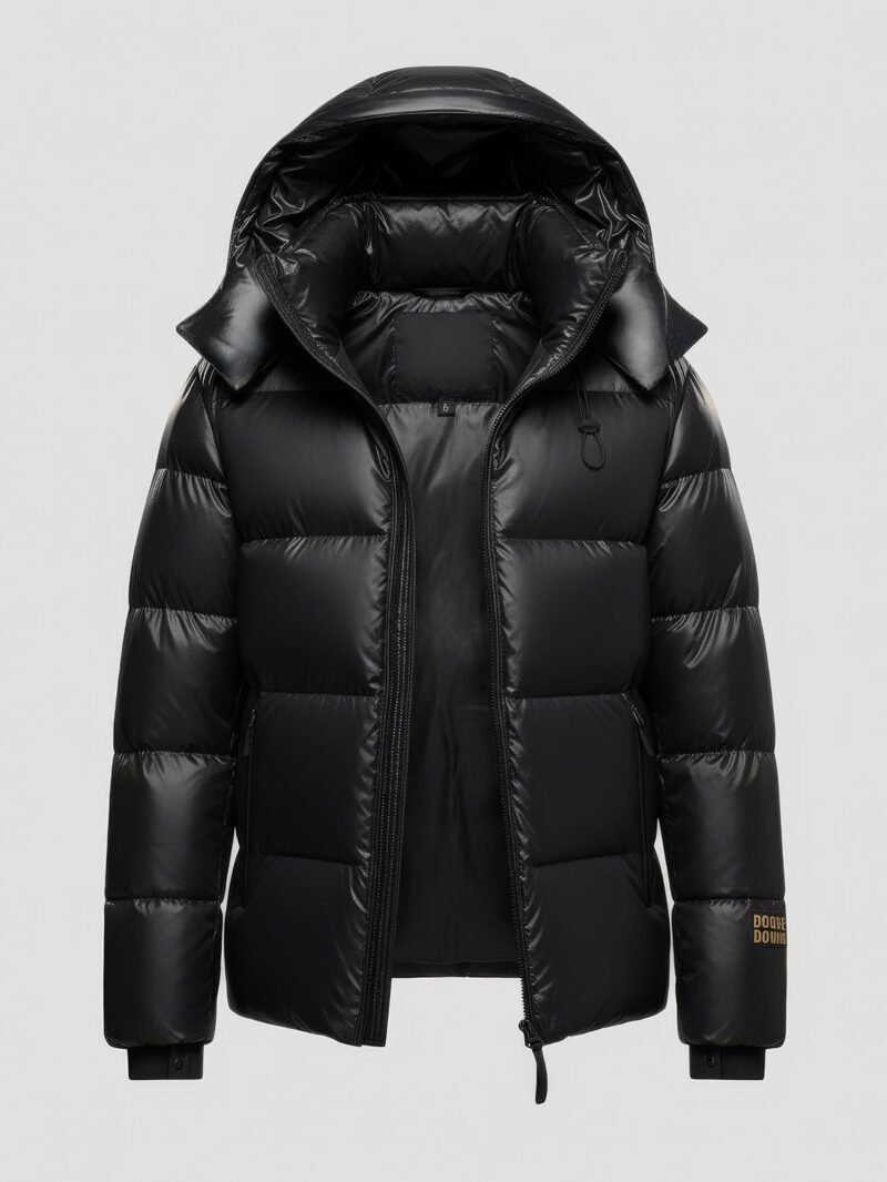 Mens-Black-Duck-Down-Jacket_3 Doudoune noire imperméable, chaudement rembourrée, avec capuche amovible et fermeture éclair résistante, idéale pour l'hiver et les températures froides.