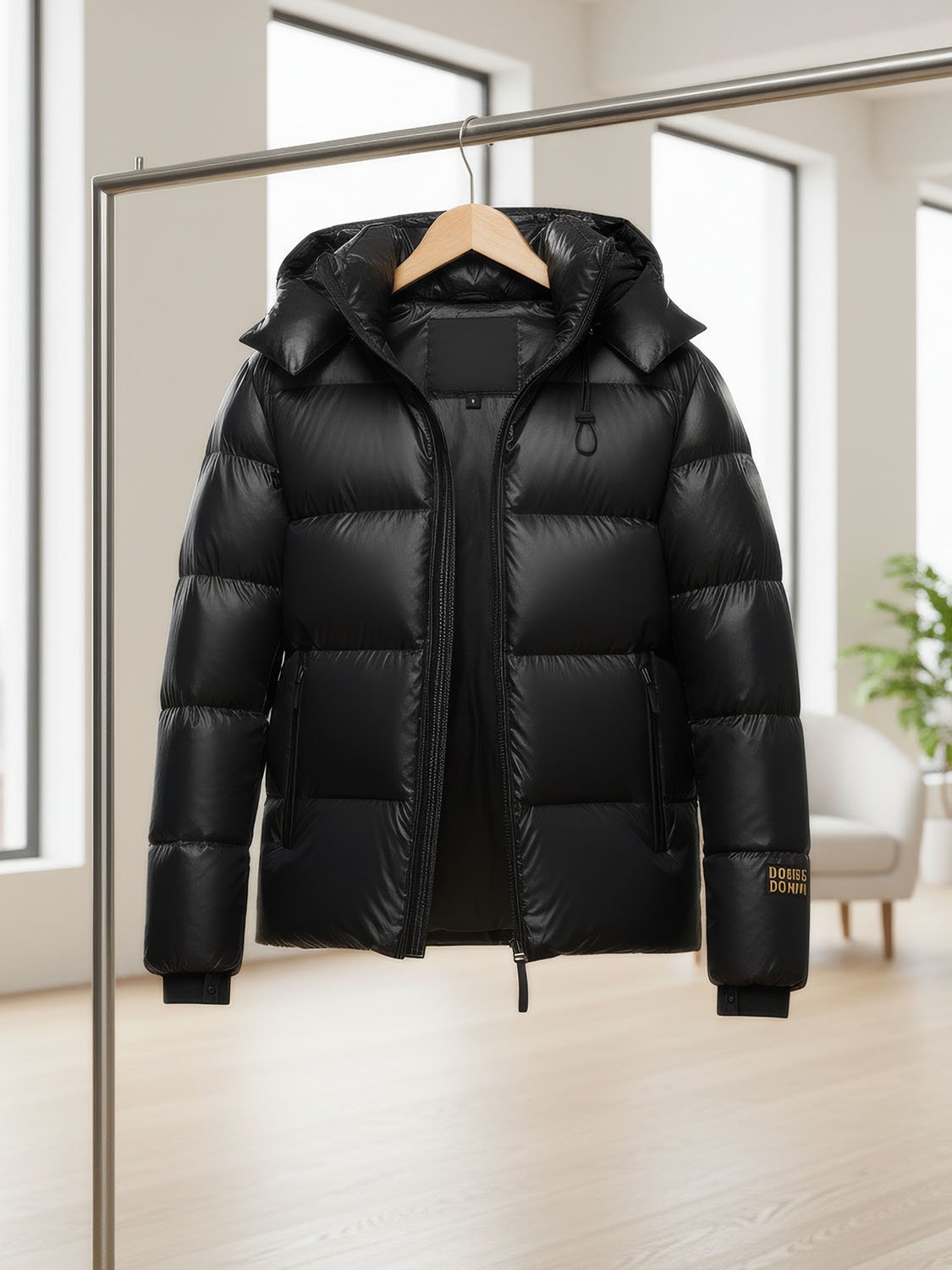DUCKDOWN – Doudoune homme duvet de canard noire 7 Veste doudoune noire courte avec capuche rembourrée, style tendance et chaud, idéal pour l'hiver, aspect glossy et moderne, parfait pour rester à la mode tout en étant bien au chaud.