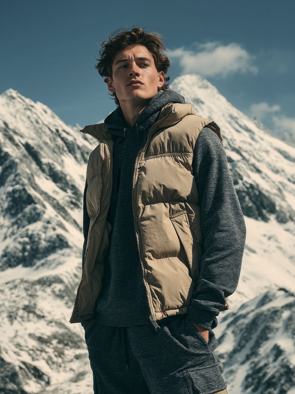 beige sleeveless down jacket for men