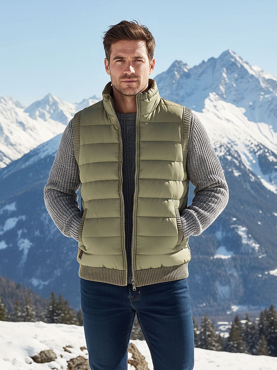 men's khaki sleeveless down jacket